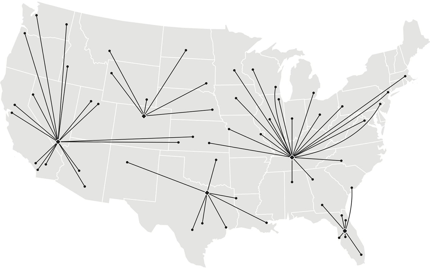 LVE Hub and Spoke Map of Las Vegas, Denver, Nashville, and Dallas